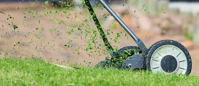 A lawn mower cuts the grass.